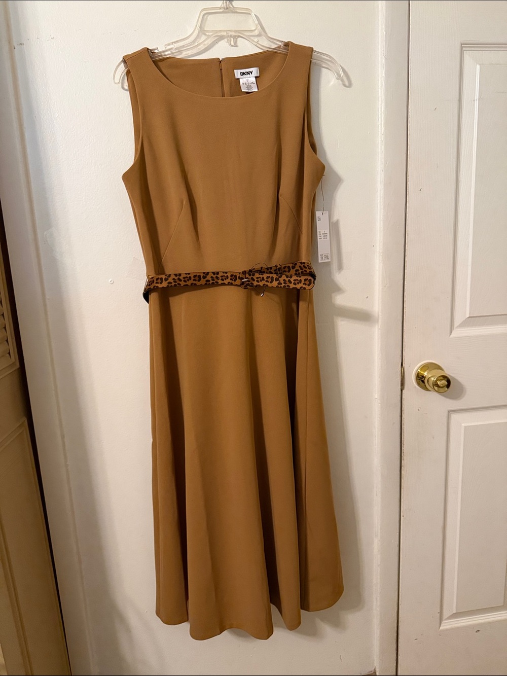 DKNY Camel Brown Sleeveless A-Line Dress with Leopard Accent